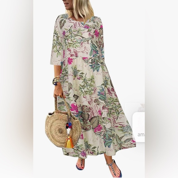 2023 Spring Dress Short Sleeve Crew Neck Flowy Print Swing Tiered Midi 3… - Picture 1 of 9